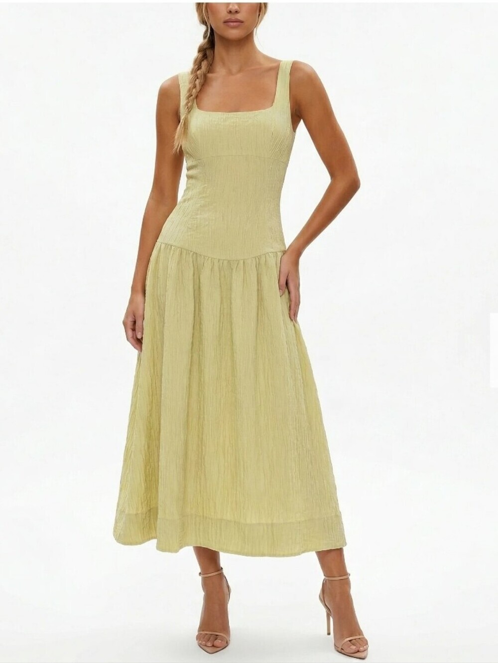 New Caroline Constas Square Neck Pucker Stripe Drop Waist Kiwi Dress Small NWT